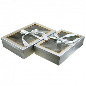 Коробка подарочная, с окном, с лентой, набор 2 штуки: 27х42х9см; 30х45х10см, серый (Китай)