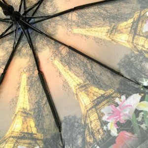 Зонт полуавтомат "Фотопечать" "Ночной Париж" плащевка, 9 лучей, д/купола 97см, 3 сложения, 32см в сложенном виде, механизм против ветра, обрезиненная ручка, 450гр (Китай)