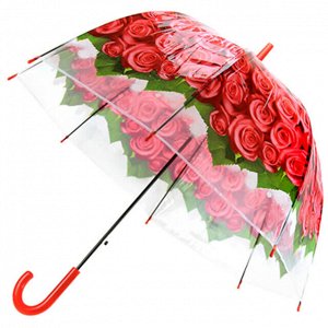 Зонт-трость полуавтомат "Розы" ПВХ, фотопечать, 8 лучей, д/купола 78см, 80см в сложенном виде, пластмассовая ручка, прозрачный, красный, 360гр (Китай)