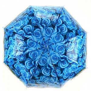 Зонт-трость полуавтомат "Розы" ПВХ, фотопечать, 8 лучей, д/купола 78см, 80см в сложенном виде, пластмассовая ручка, прозрачный, синий, 360гр (Китай)