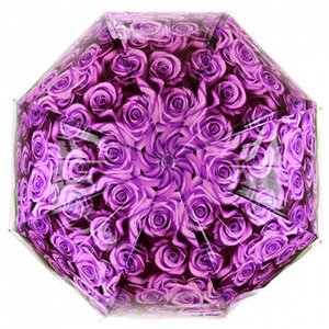 Зонт-трость полуавтомат "Розы" ПВХ, фотопечать, 8 лучей, д/купола 78см, 80см в сложенном виде, пластмассовая ручка, прозрачный, фиолетовый, 360гр (Китай)