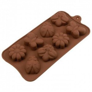 Форма силиконовая для шоколада (льда, мармелада) "Бабочки, цветочки - 8 штук" 19,5х10см h1,5см, шоколадный (Китай)