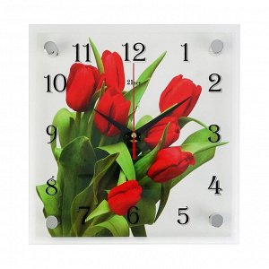 Часы настенные, серия: Цветы, "Тюльпаны на белом фоне", 25х25 см