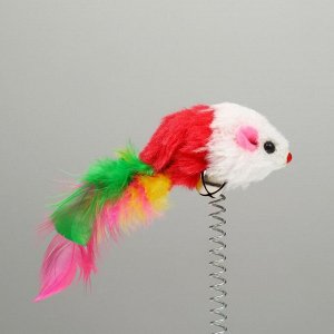 Дразнилка "Мышь на присоске", искусственный мех с цветными перьями,24 см, мышь красная/белая