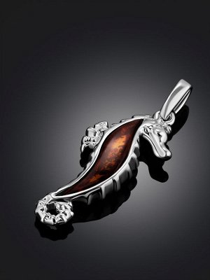 Изящный кулон с натуральным ярко-коньячным янтарём «Морской конёк»