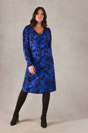 Свободное платье из джерси Live Unlimited Curve с V-образным вырезом, рукавами со сборками и размытым принтом, синее