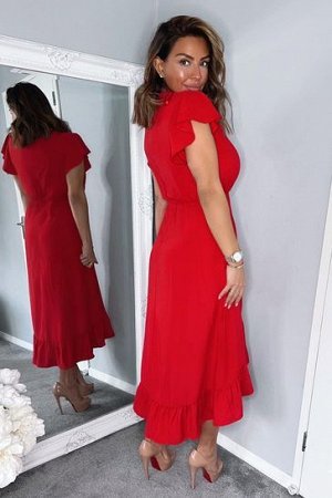 Красное платье миди с короткими рукавами, запахом и рюшами по краю Axe Paris