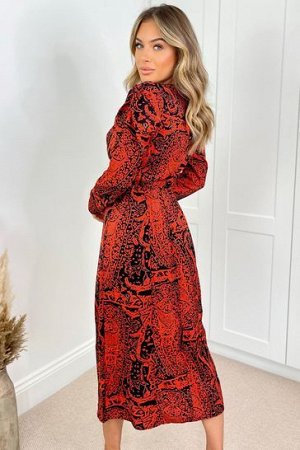Красное платье миди с длинными рукавами и принтом Axe Paris