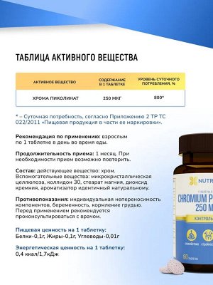 "Chromium Picolinate" ("Хром Пиколинат") 250 мкг 120 таблеток ТМ Nutraway