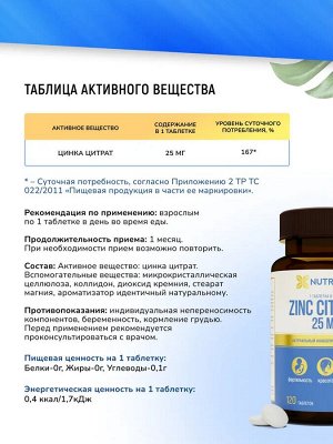 Добавка к пище "ЦИНК ЦИТРАТ" 120 таблеток ТМ Nutraway