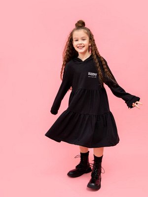 Платье с длинными рукавами и капюшоном черного цвета для девочек