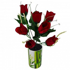 Роза букет Букет роз с декоративной пластмассовой зеленью.
Высота: 35 см. 
Количество веток: 7 шт. 
Высота бутона: 6 см.
Материал голов: текстиль.
