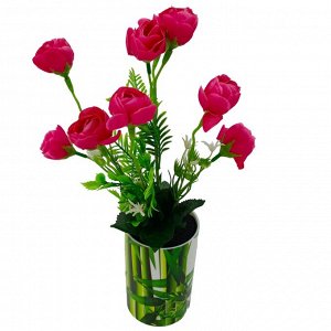 Роза букет Букет роз с декоративной пластмассовой зеленью.
Высота: 35 см. 
Количество веток: 6 шт. 
Диаметр голов: 5 см.
Материал голов: текстиль.