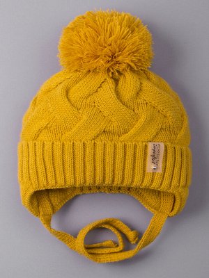 Шапка детская вязаная на завязках, плетение косой, нашивка PERFECTLY imperfect, горчичный