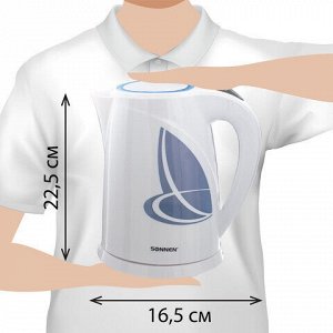 Чайник SONNEN KT-1767, 1,8 л, 2200 Вт, закрытый нагревательный элемент, пластик, белый/синий, 453416