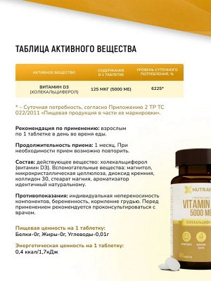 Добавка к пище "Vitamin D3" ("Витамин Д3") 5000ME 90 таблеток  ТМ Nutraway