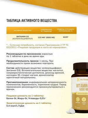 Добавка к пище "Vitamin D3" ("Витамин Д3") 5000ME 60 таблеток  ТМ Nutraway