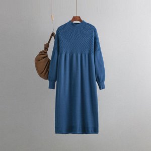 Женское трикотажное платье с длинными рукавами, цвет синий