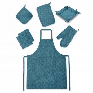 ТРД-2210-12045 Набор для кухни "Радушная хозяйка (Традиция)" 7 предметов (рукавичка, прихватка, текстильная ваза, подставка под горячее, фартук, декор. полотенце - 2 шт.), 100 % хлопок, "Ромбы синий"