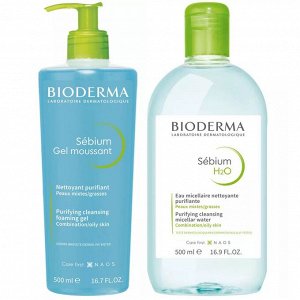 Биодерма Набор очищающий: гель, 500 мл + мицеллярная вода, 500 мл (Bioderma, Sebium)