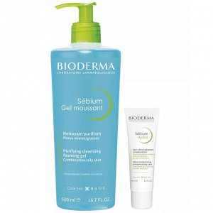 Биодерма Набор для увлажнения жирной кожи: крем, 40 мл + гель, 500 мл (Bioderma, Sebium)