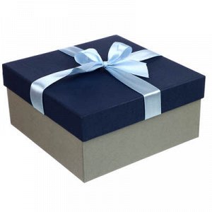 Коробка подарочная с бантом тиснение Рогожка 19х19х9 см синий-серый