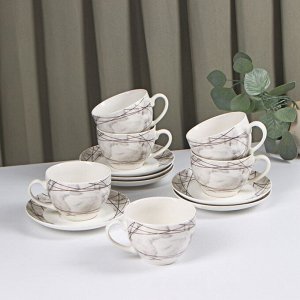 Сервиз фарфоровый чайный Доляна «Мрамор», 12 предметов: 6 чашек 280 мл, 6 блюдец d=15 см