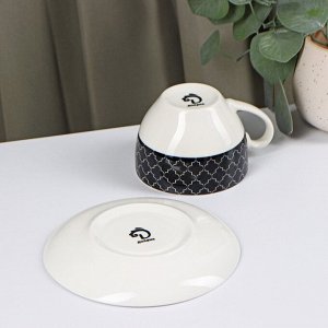 Чайная пара фарфоровая Доляна «Марокко», 2 предмета: чашка 280 мл, блюдце d=15 см, цвет белый и чёрный