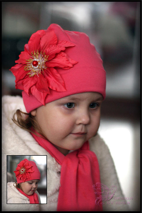 Design by Irina Коралловая шапочка с клематисом..