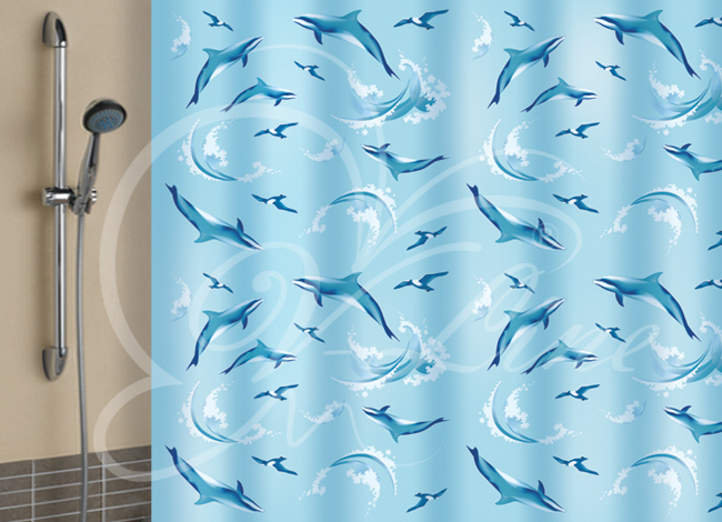 Вилина Штора полиэтилен Дельфины голубые New для ванной комнаты 180х180 см