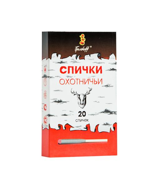 Спички &quot;Охотничьи&quot;. Длина спички 8,5 см. 20 шт. в коробке. Специальные спички для разведения огня в тяжелых погодных условиях (дождь, нег и т.п.) Горят даже после погружения в воду.