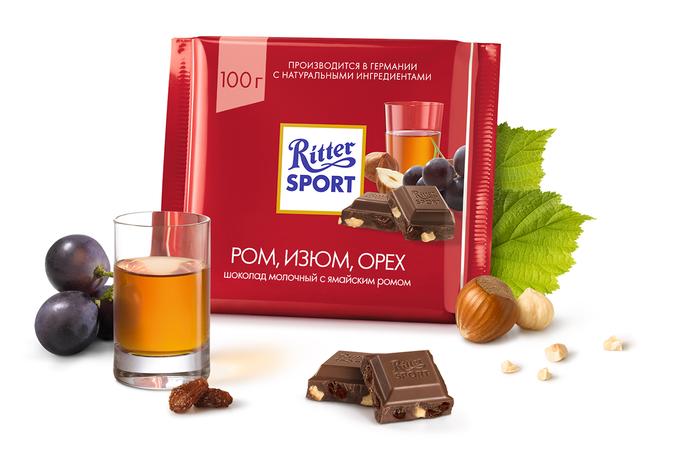 Шоколад Ritter Sport  молочный ром/изюм/лесной орех