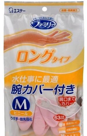 Виниловые перчатки “Family” (удлинённые, тонкие, с уплотнением на кончиках пальцев) бело-розовые РАЗМЕР М