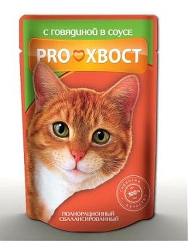 PROХВОСТ Корм консервированный для кошек, с говядиной в соусе, 85 гр 1/25