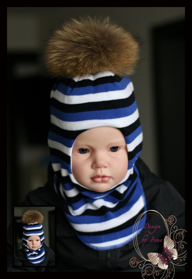 Design by Irina Шлем для мальчика в полоску (син) помпон из натурального меха енота