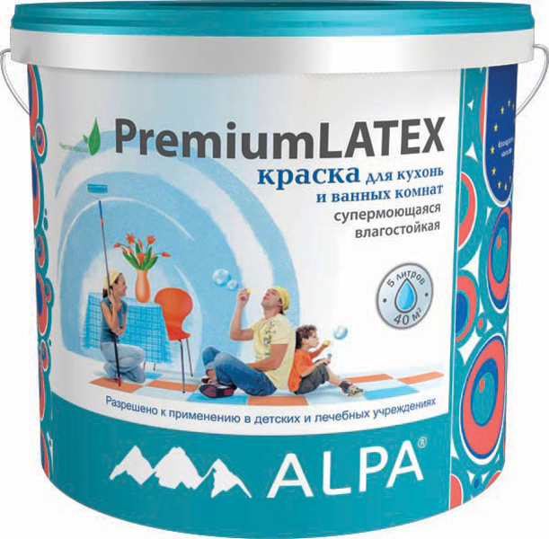 PremiumLATEX  Краска Супермоющ.д/Кухн.и Ванн.9л база С вл.стойк,с/бел,мат