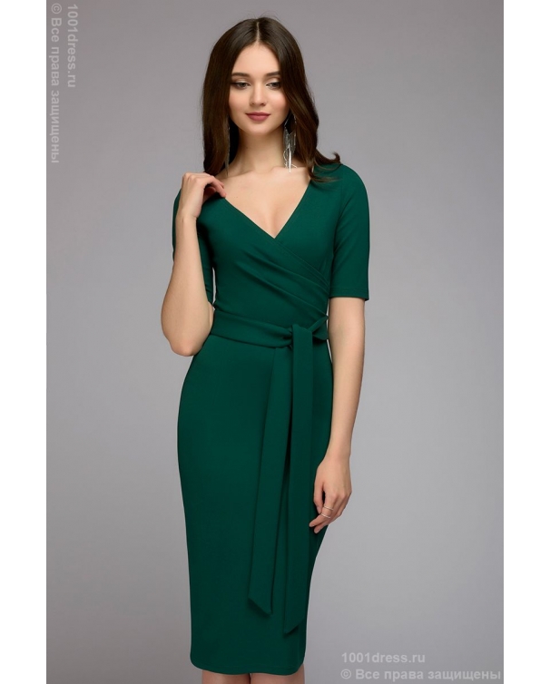 Платье зеленое длины миди с глубоким декольте и рукавами 3/4 DM00544GR