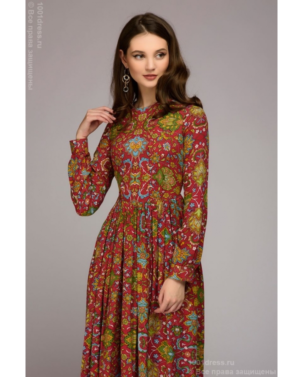 Платье бордовое длины макси с цветочным принтом и длинными рукавами DM00931BO