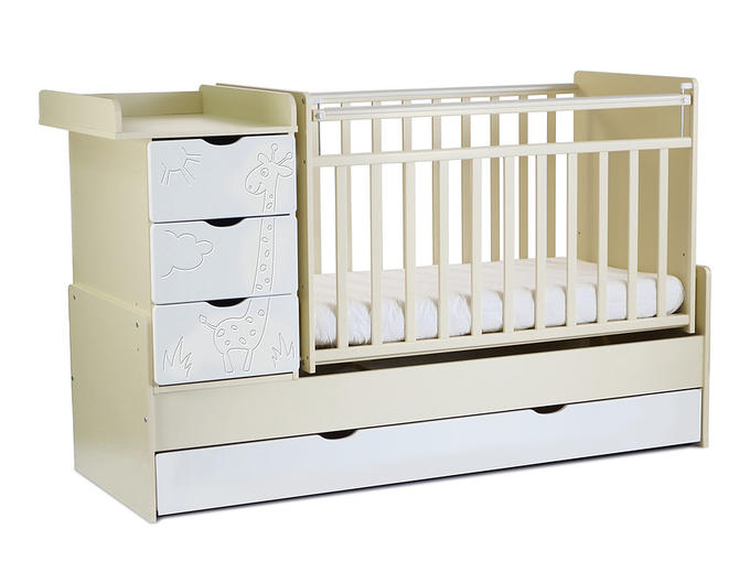 Кровать детская СКВ-5 Жираф (опуск.бок, маятник, 4 ящика, бежевый+белый) 540039-1