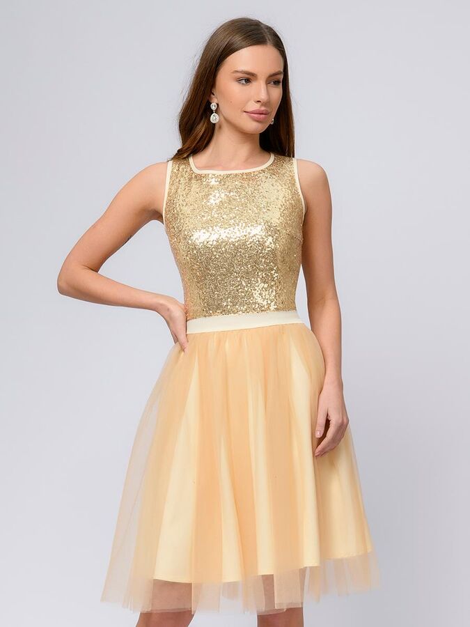 1001 Dress Платье золотое длины миди с пайетками и фатиновой юбкой
