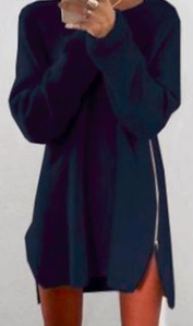 Асимметричное платье-свитер с боковыми разрезами на замке &quot;молния&quot; и длинными рукавами Цвет: ТЕМНО-СИНИЙ