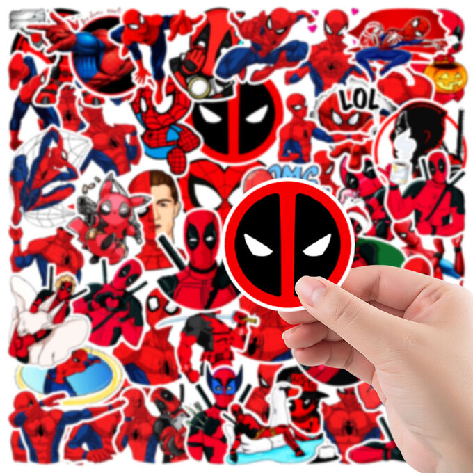 Наклейки на телефон, виниловые стикеры Человек-Паук и Дэдпул Spider-Man Deadpool, 50шт., 5-8см.