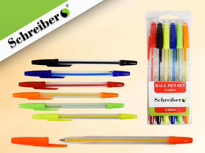 Набор шариковых ручек, 6 цветов,  0,8 мм, прозрачный пластиковый корпус, пластиковая упаковка с подвесом
