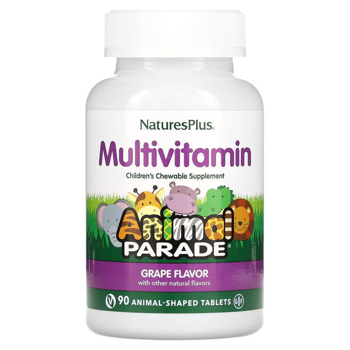 Nature's Plus NaturesPlus, Source of Life, Animal Parade, жевательные мультивитамины с микроэлементами для детей, со вкусом винограда, 90 таблеток в форме животных