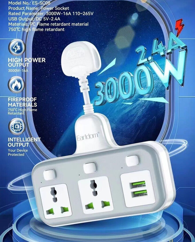 Earldom NEW ! Удлинитель розетка сетевой фильтр USB зарядка 2х розетки (EU) + 2 USB 2.4A 3000W с кнопками включения