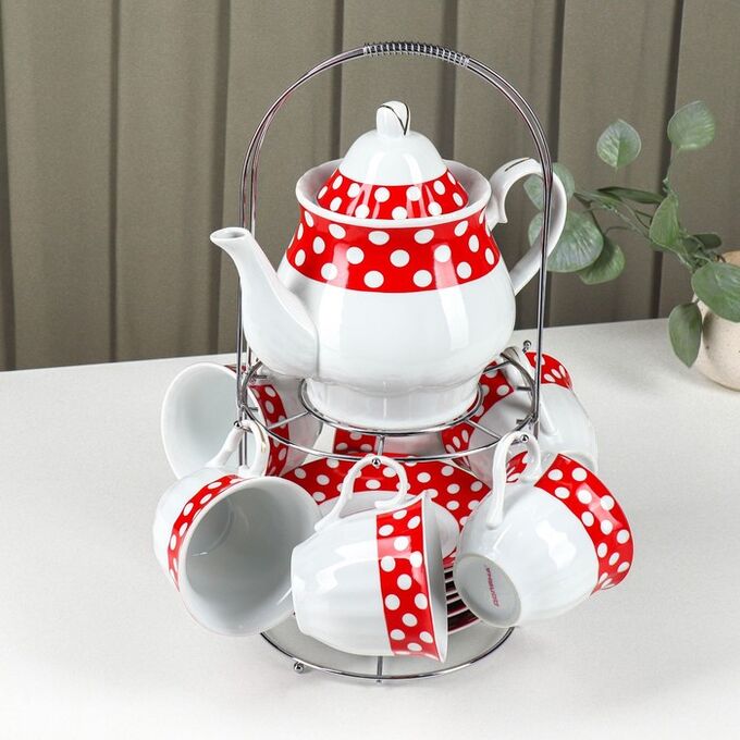 Сервиз керамический чайный Доляна «Горох»,13 предметов на подставке: 6 чашек 210 мл, 6 блюдец, чайник 950 мл, цвет красный