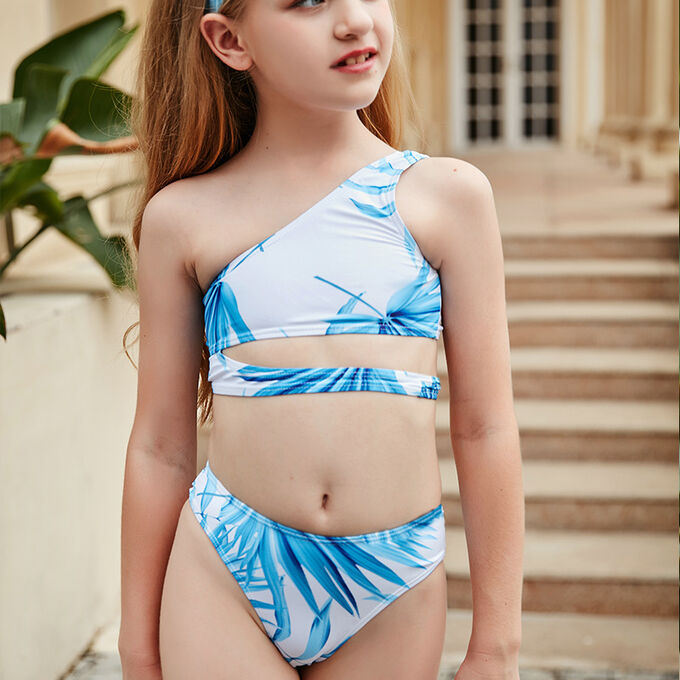 Раздельный купальник для девочки, цвет белый + принт синие листья пальмы
