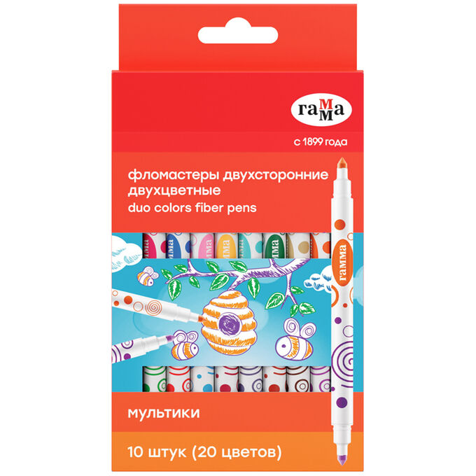 Фломастеры двухсторонние Гамма &quot;Мультики&quot;, 20цв., 10шт., двухцвет., смываемые, картон. упаковка