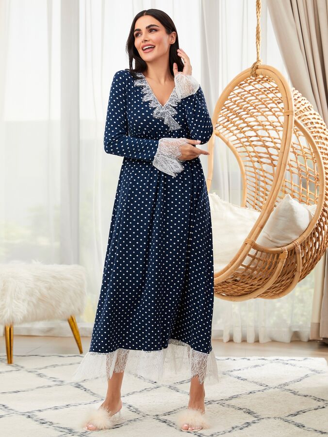 SheIn / Домашнее платье в горошек с кружевной отделкой | Женские ...
