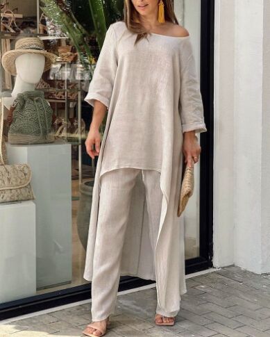 Костюм: Асимметричная длинная туника + широкие брюки, серый